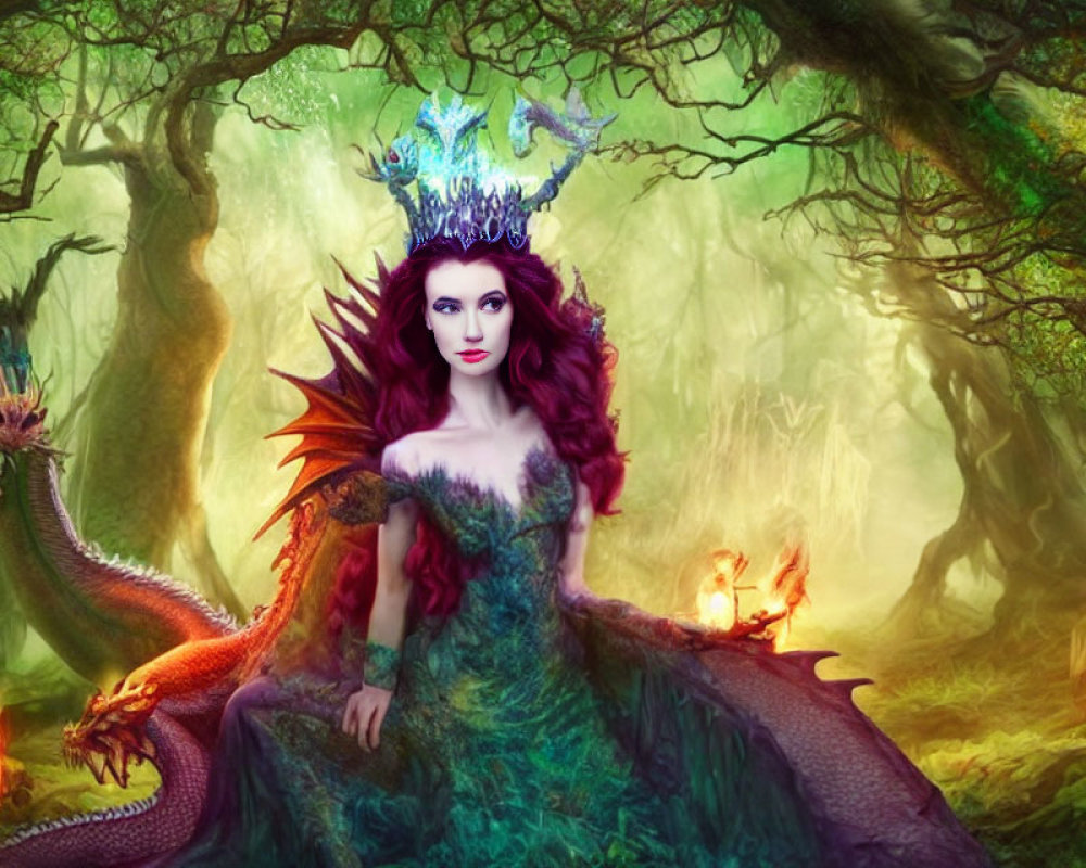 Mystical woman with crown and dragons in enchanted forest