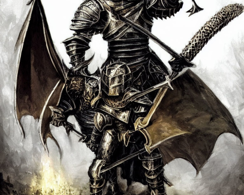 Armored knight with sword and shield in ominous setting