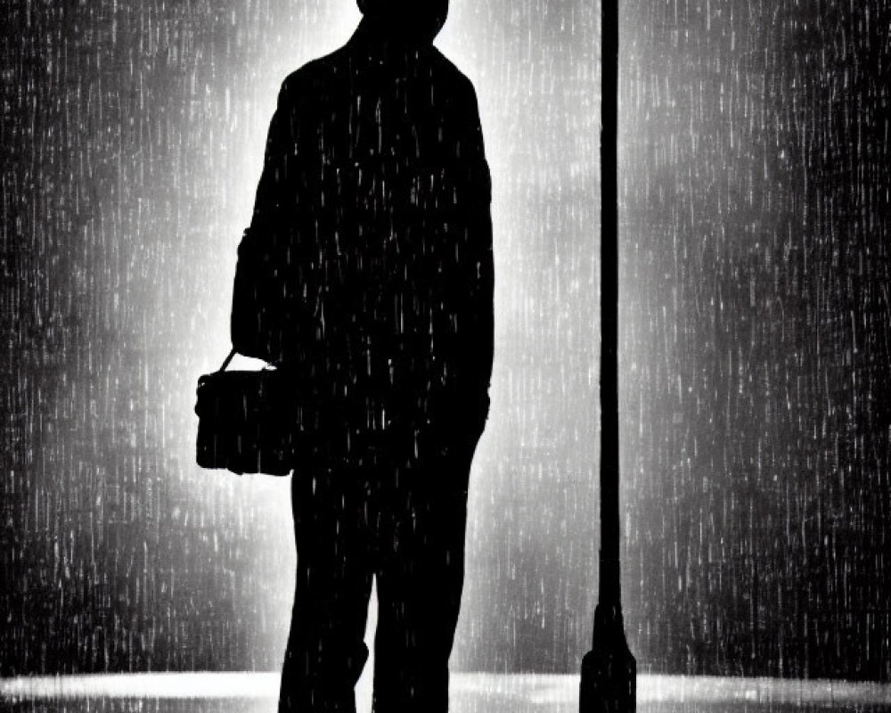 Person with briefcase in rain under streetlamp at night.