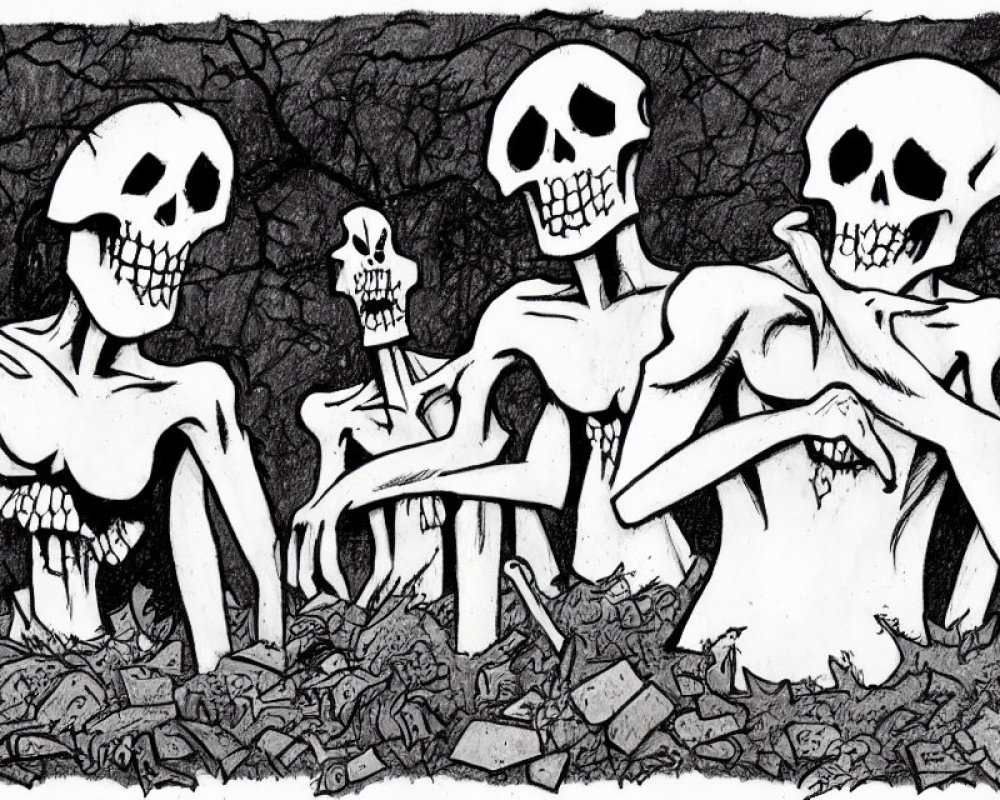 Monochrome skeleton illustration with varied expressions amid bones