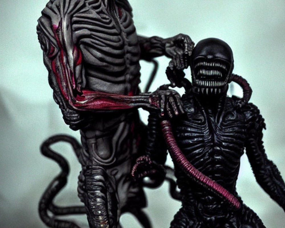 Detailed Alien Figures in Combat: Elongated Head vs. Glossy Black Exoskeleton