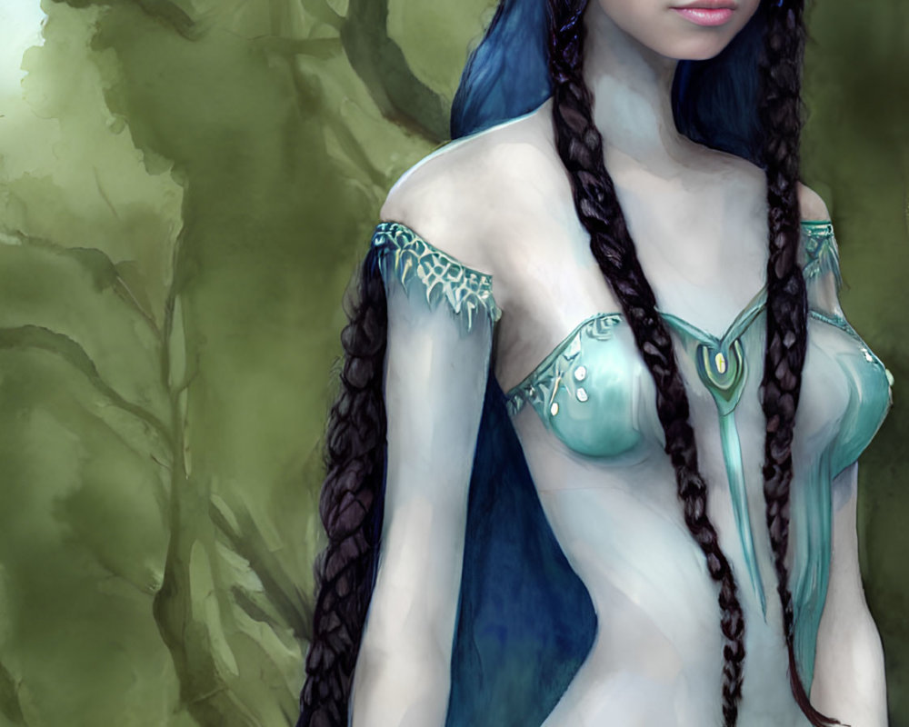 Fantasy Art: Female Elf with Blue Hair and Antlers in Green Outfit