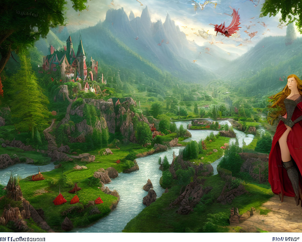 Fantasy landscape with castle, mountains, woman in red cloak, and dragons.