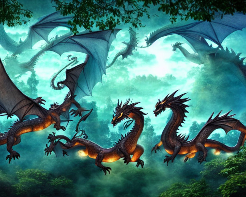 Majestic orange-scaled dragons with blue wings in misty forest