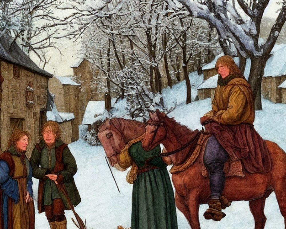 Medieval scene with people in period clothing conversing and one on horseback in snowy landscape.