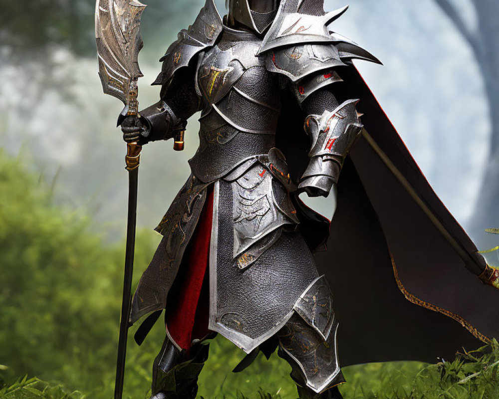 Knight in full plate armor with spear in verdant forest near glowing portal