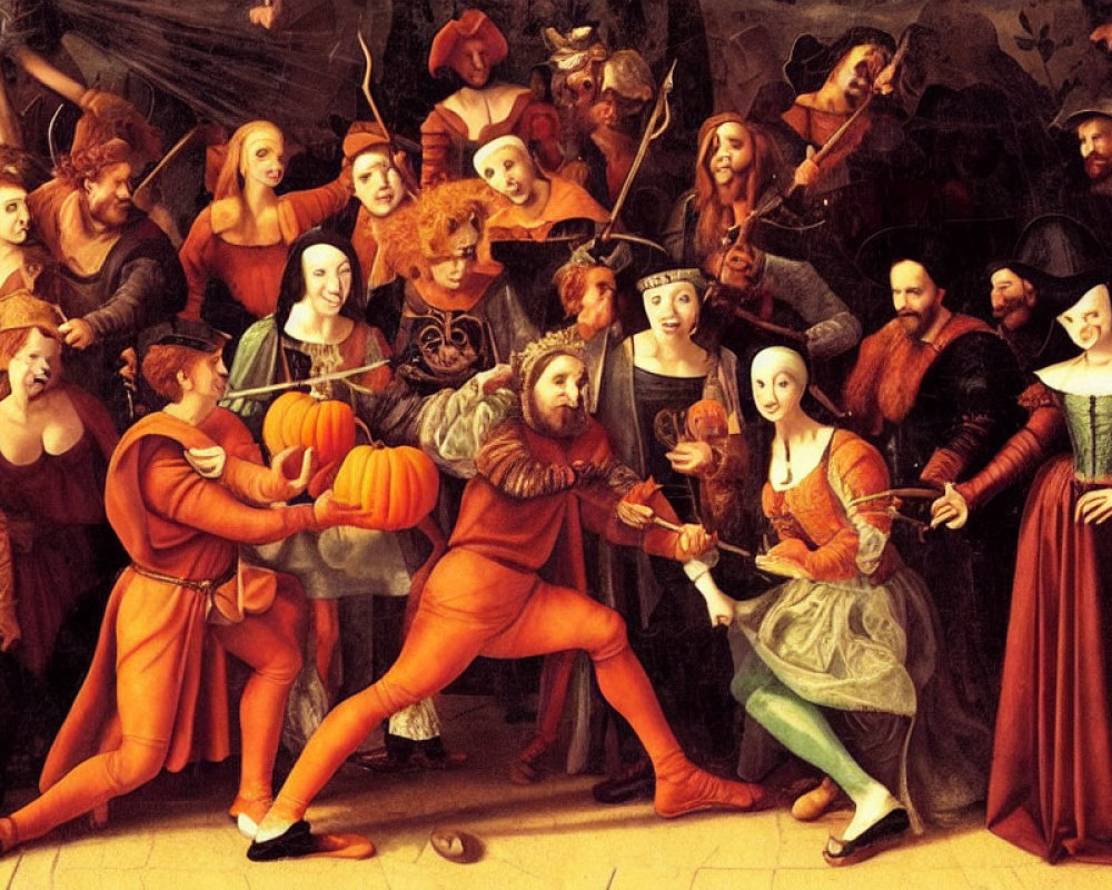 Colorful Renaissance painting of festive scene with people in elaborate costumes.