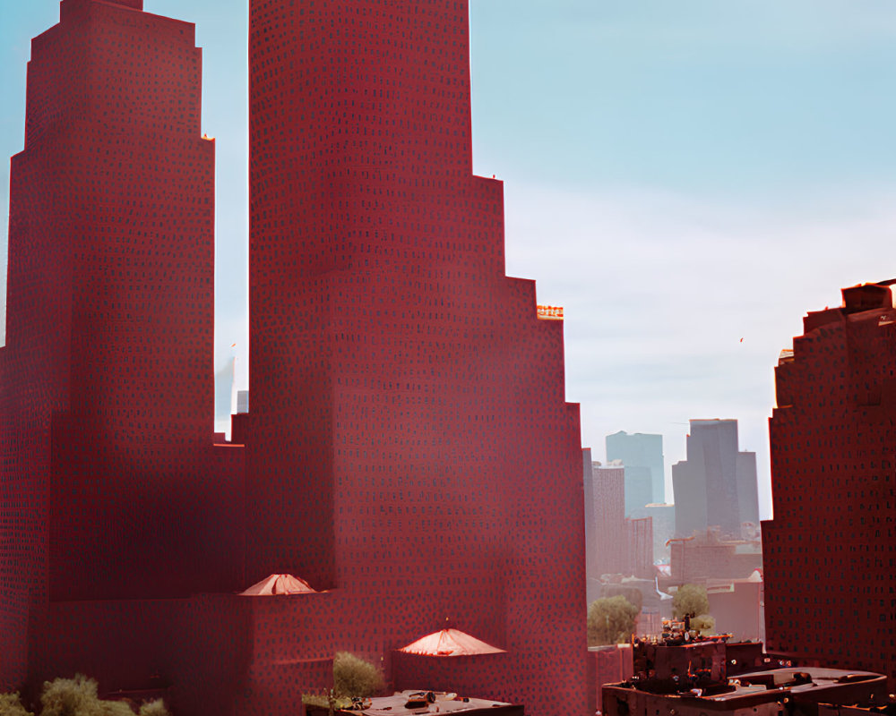 Futuristic red cityscape with greenery and park area below