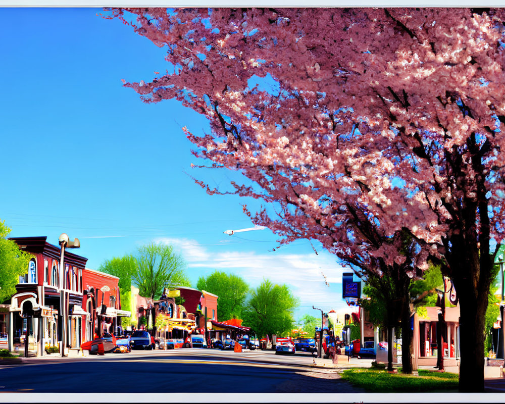 Cherry Blossom-Lined Town Street with Shops and Cars