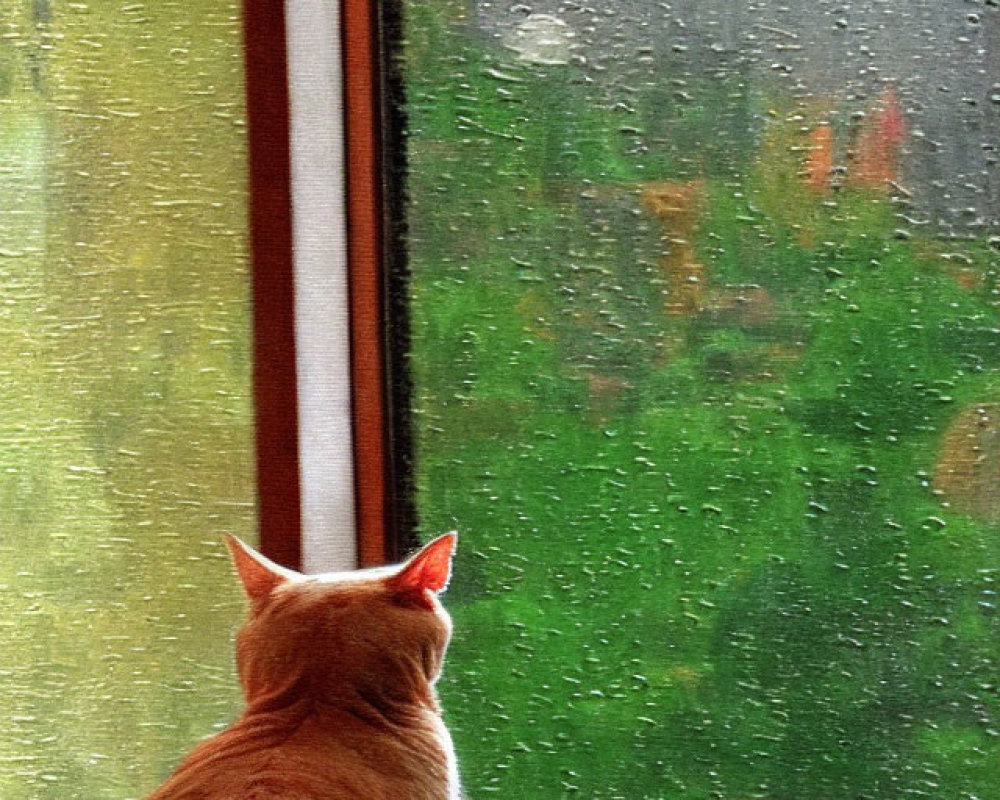 Orange Cat Looking Out Rain-Spattered Window at Green Foliage