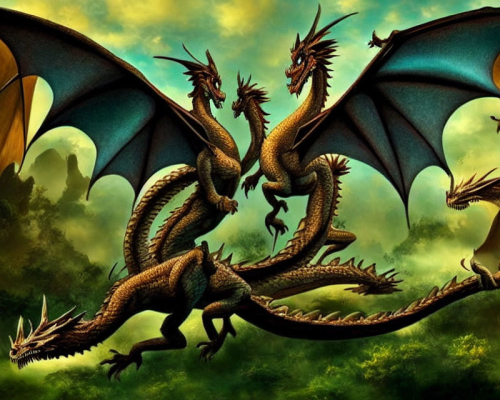 Majestic dragons with outstretched wings in lush fantasy landscape