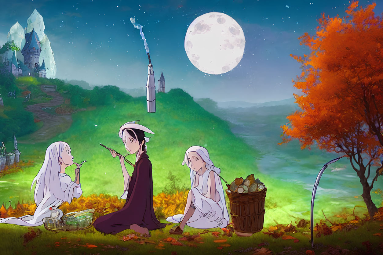 Three people having a nighttime picnic under a large moon in a fantasy landscape.