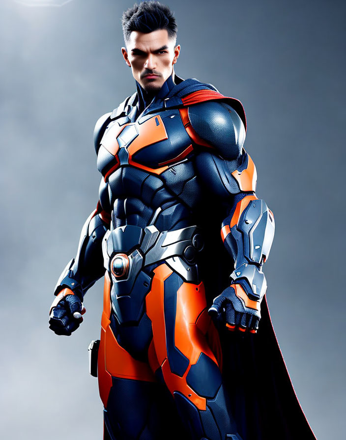 Futuristic blue and orange armored figure with cape in confident pose