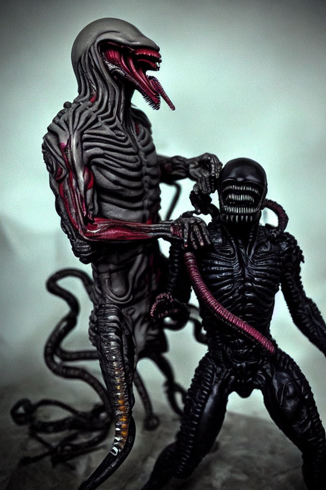 Detailed Alien Figures in Combat: Elongated Head vs. Glossy Black Exoskeleton