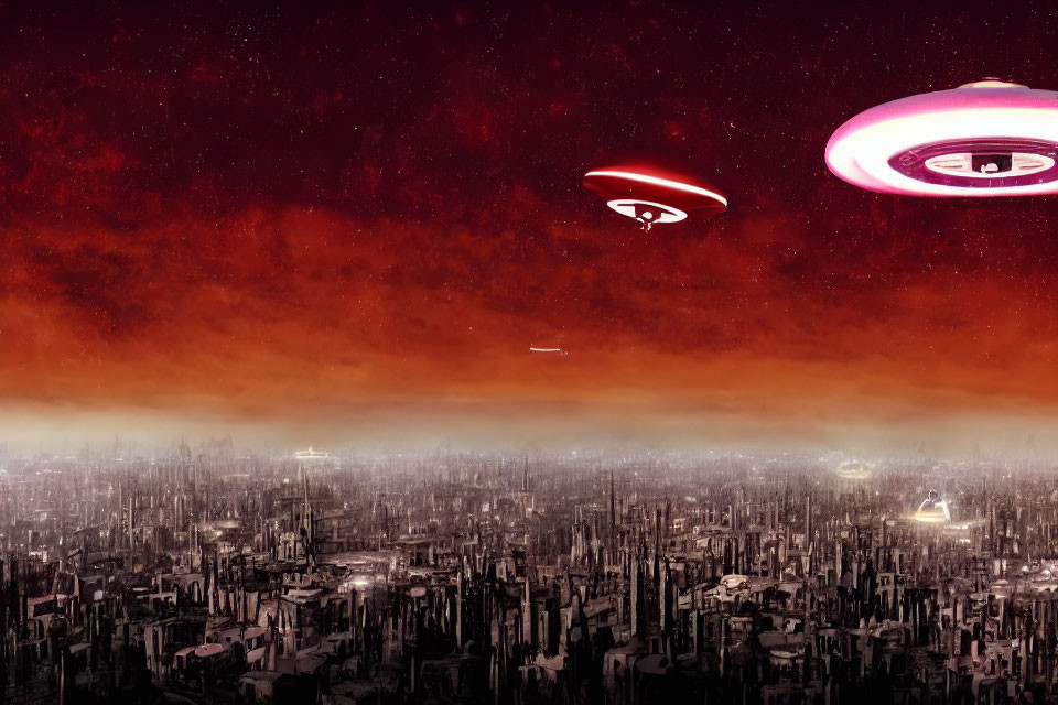 Futuristic cityscape with flying saucers under starry sky