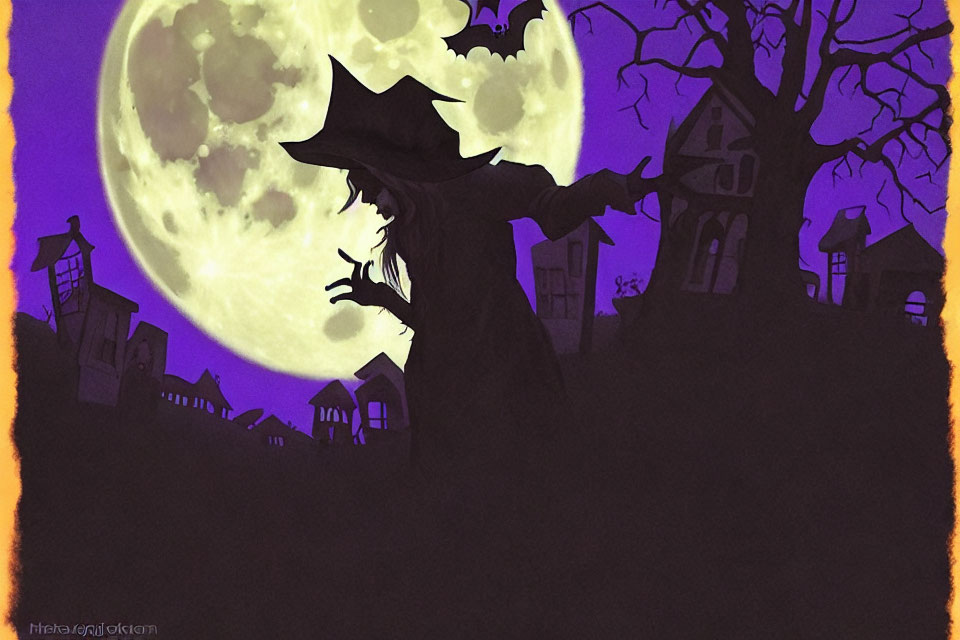 Silhouetted witch casting spell under full moon with haunted house and eerie sky