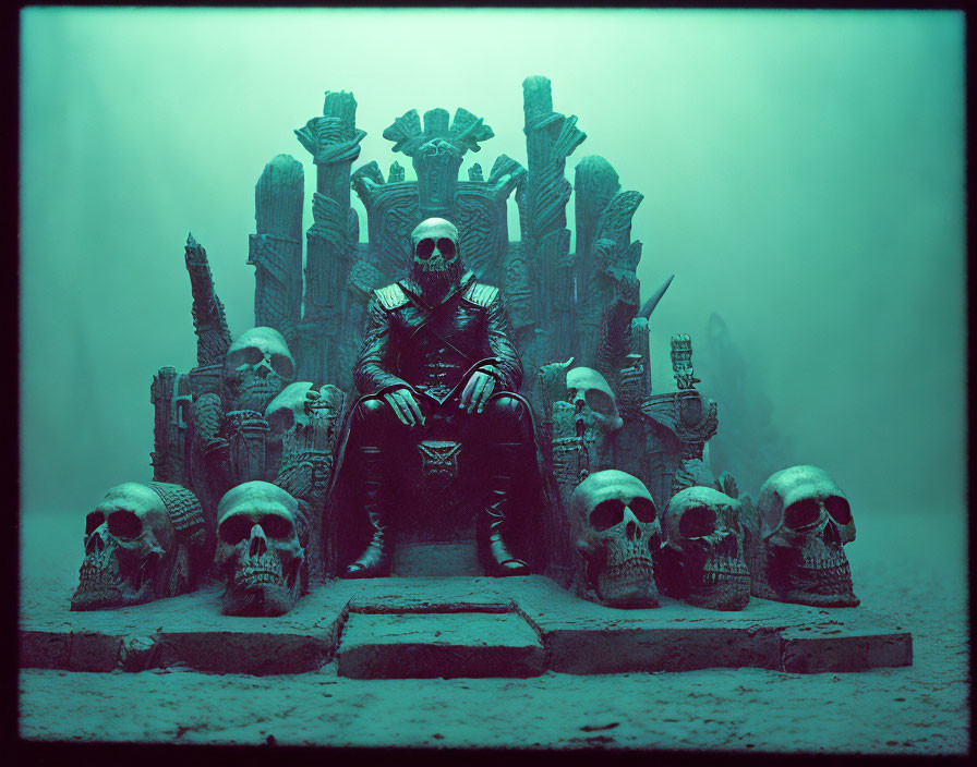 Dark and Ominous Throne Room with Menacing Figure and Skulls