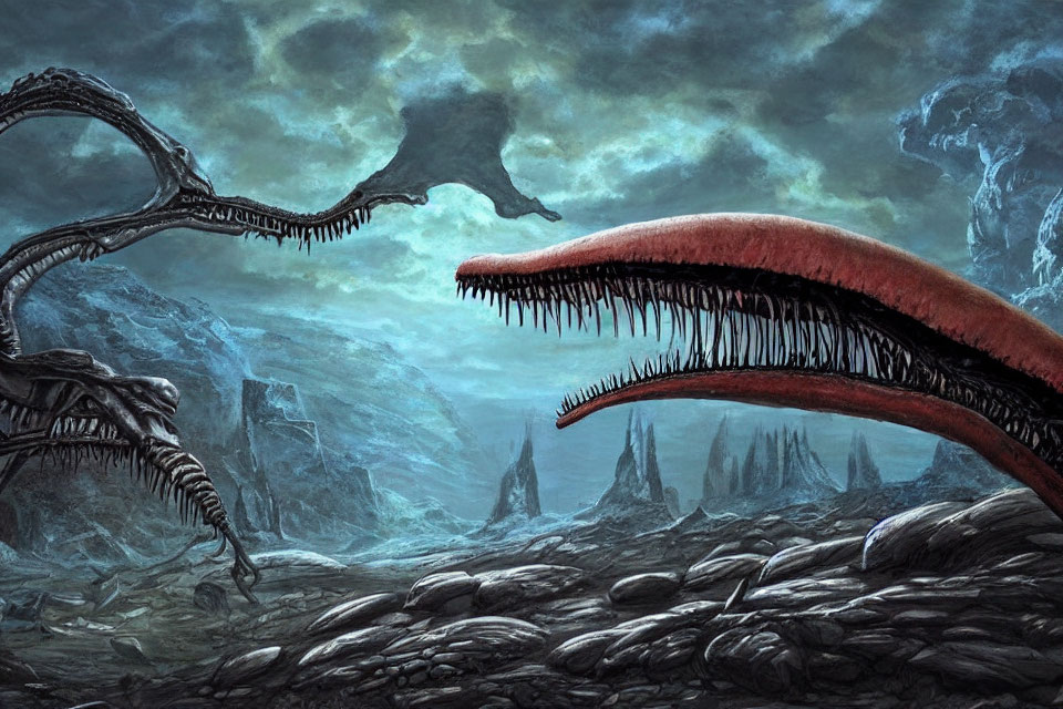 Monstrous creatures in eerie, desolate landscape