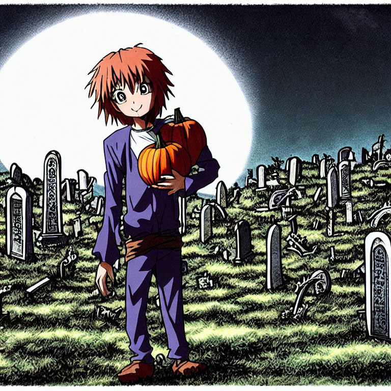 Anime character with orange hair holding a pumpkin in moonlit graveyard