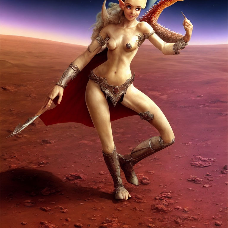 Female warrior with horns, cape, and dragon in Martian landscape