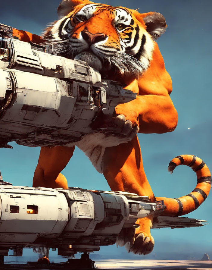 Surreal tiger and spacecraft fusion under blue sky