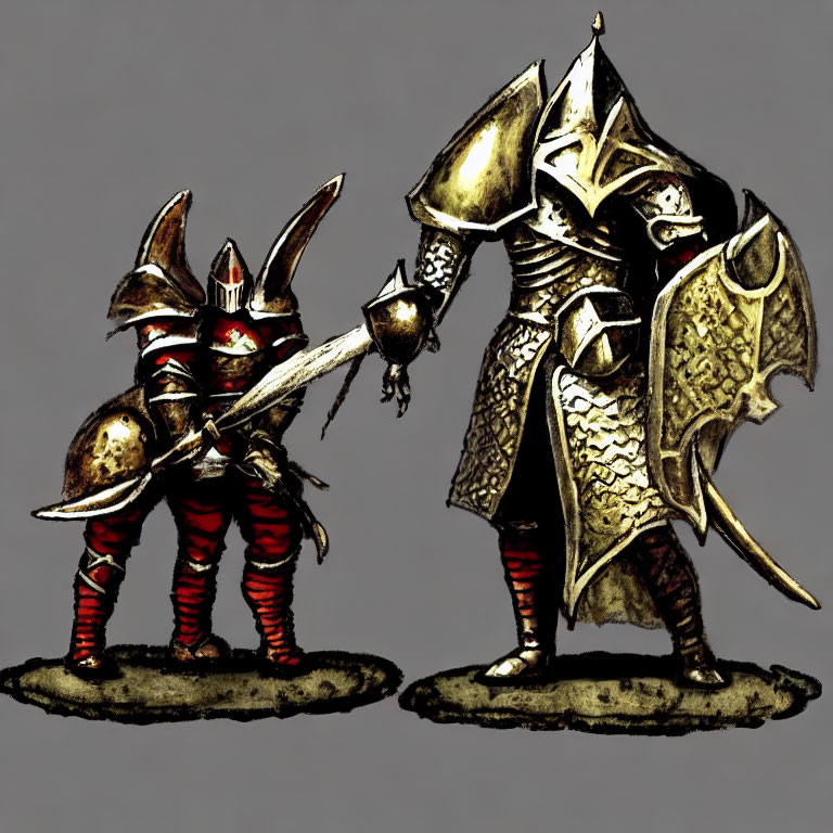 Medieval knights in ornate red and black, silver and gold armor in friendly gesture or duel.