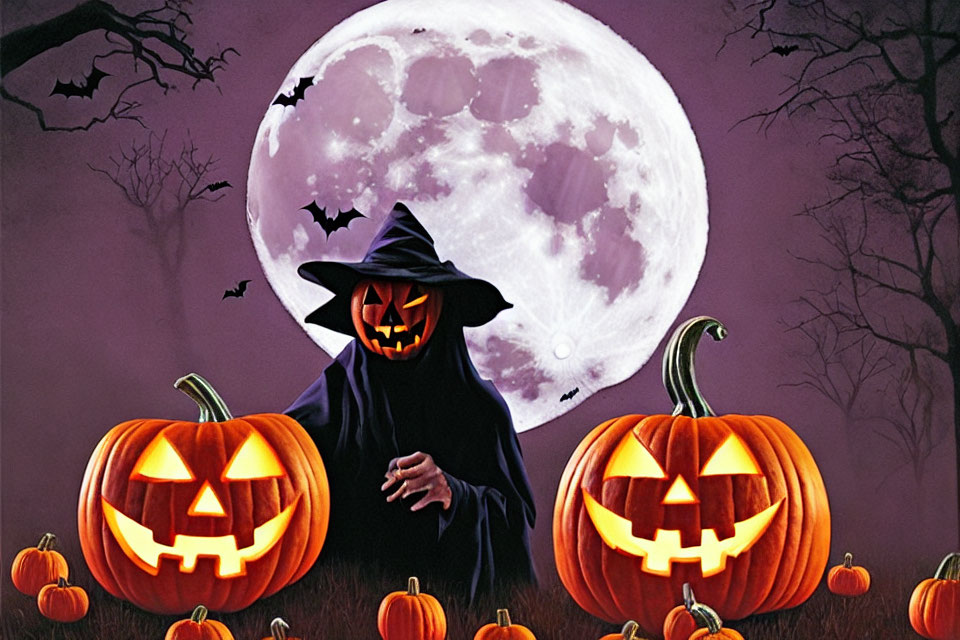 Jack-o'-lantern figure in black cloak and witch hat surrounded by carved pumpkins, bats,