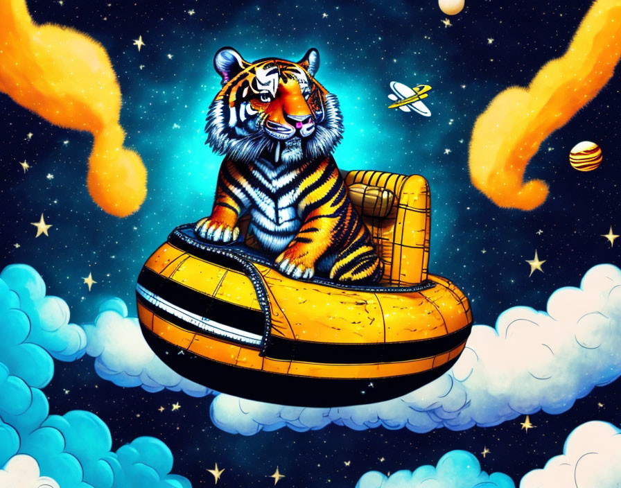 Tiger on Yellow-Striped Hovercraft in Starry Space