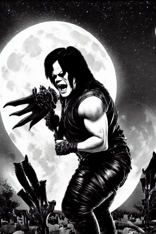 Monochrome illustration of fierce figure in graveyard under full moon