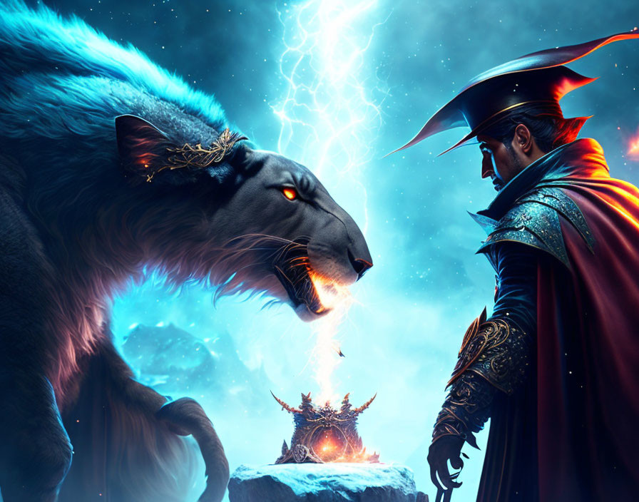 Black Panther with Electric-Blue Eyes and Cloaked Figure Facing Lightning-Struck Crown on Rock