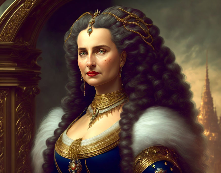 Regal woman with long, curly black hair in blue and gold dress against palatial backdrop