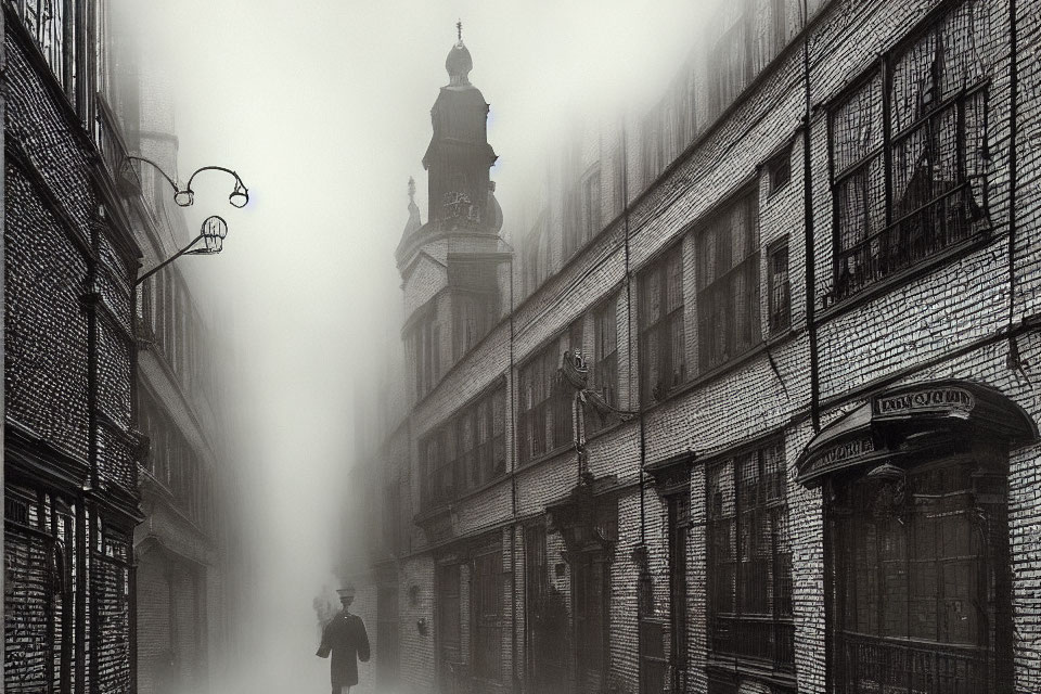 Man in coat and hat walking on foggy cobblestone street with vintage buildings.