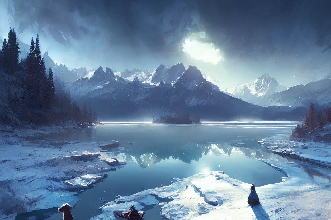 Winter landscape with figure on icy terrain overlooking serene lake at night