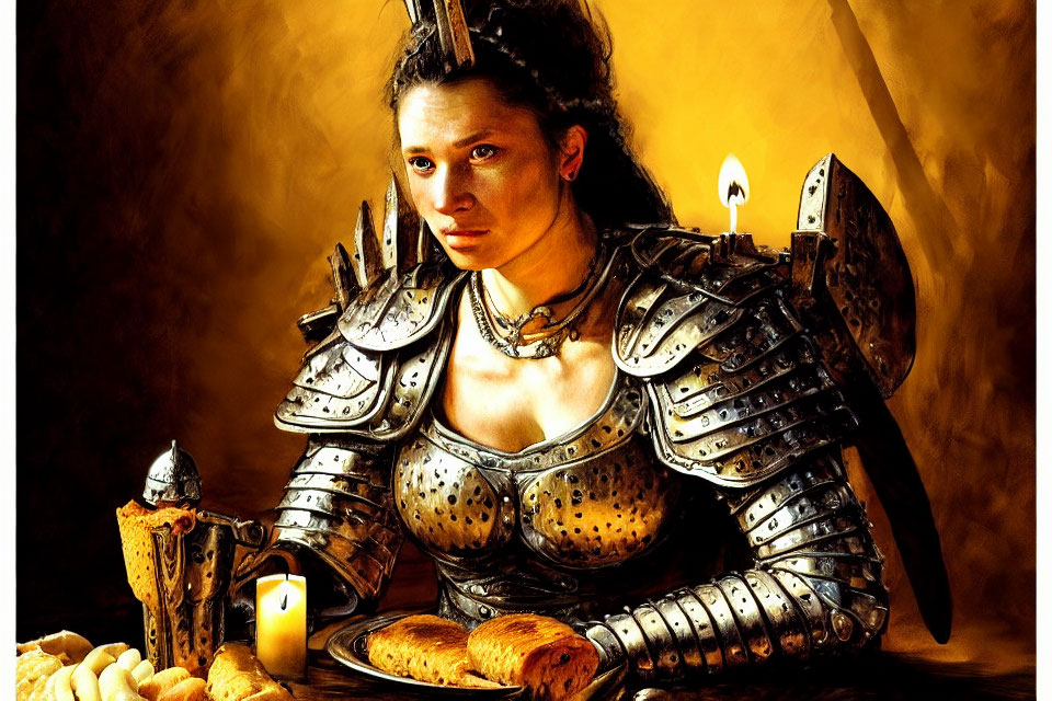 Medieval woman in armor with bread, candle, and helmet at table in powerful scene