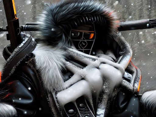 Futuristic armored figure with sword in snowfall