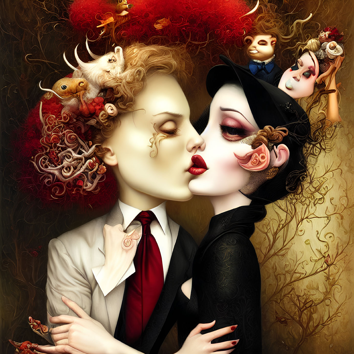 Surreal couple painting with intimate pose and surreal elements