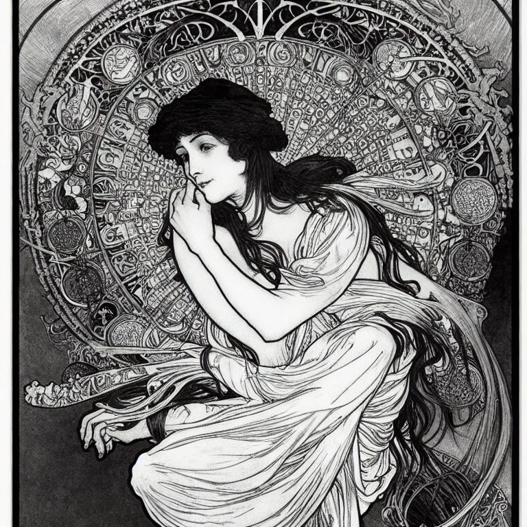 Art Nouveau illustration of woman with flowing hair and intricate patterns