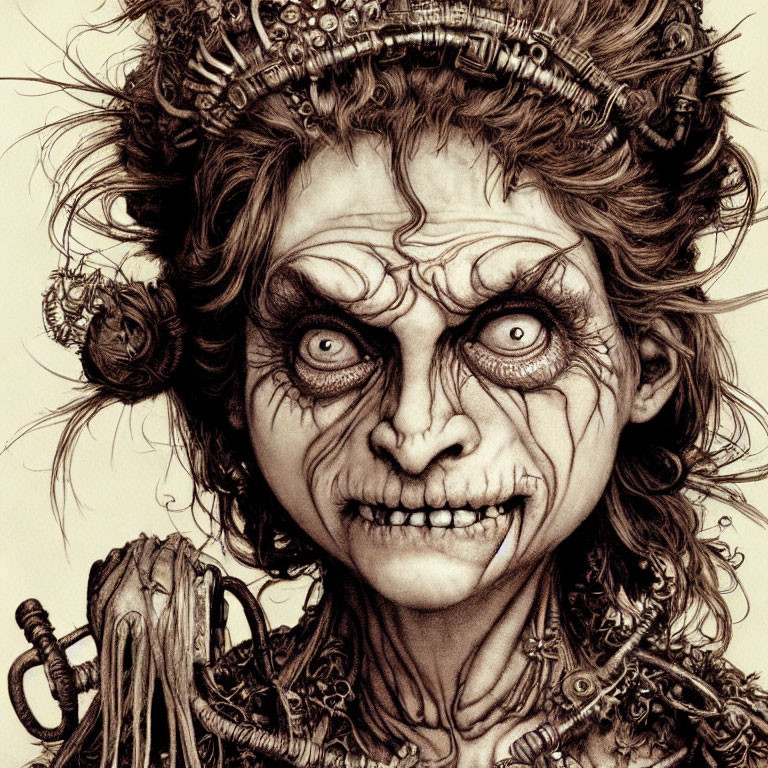 Detailed pencil drawing of sinister character with intricate designs, bulging eyes, sharp teeth, and mechanical hair