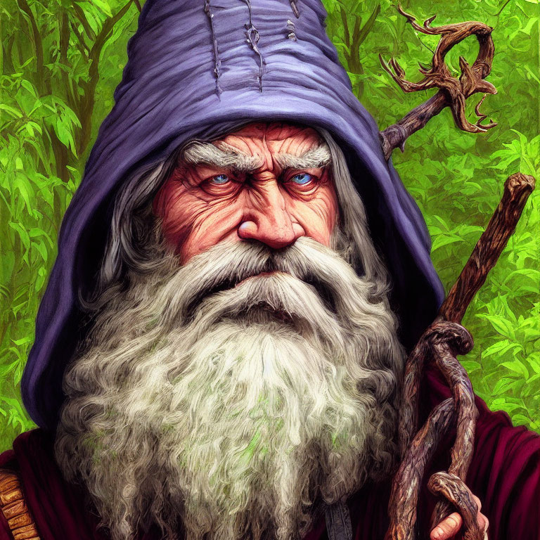 Elderly wizard with long white beard and blue attire