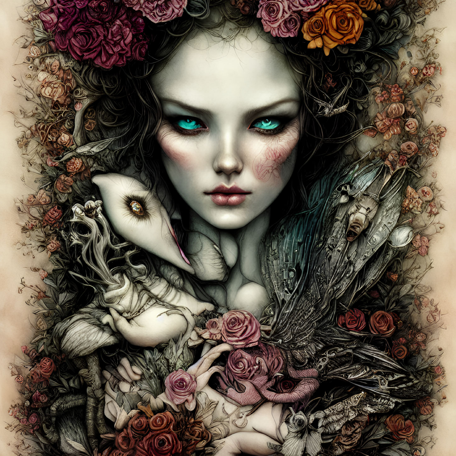 Pale woman with blue eyes in fantasy artwork with roses and fairy