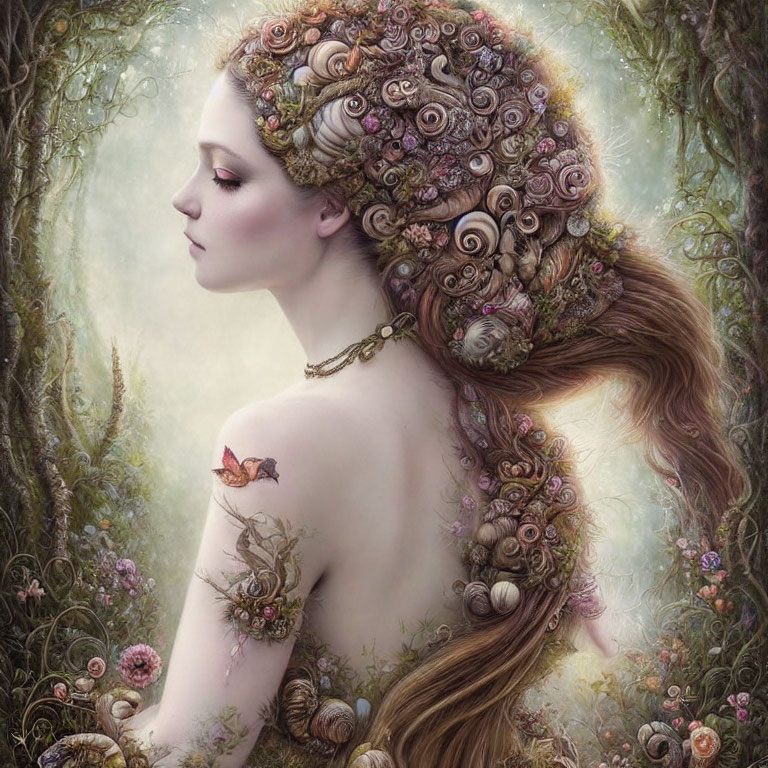 Fantasy illustration of woman with floral hair motifs in lush forest