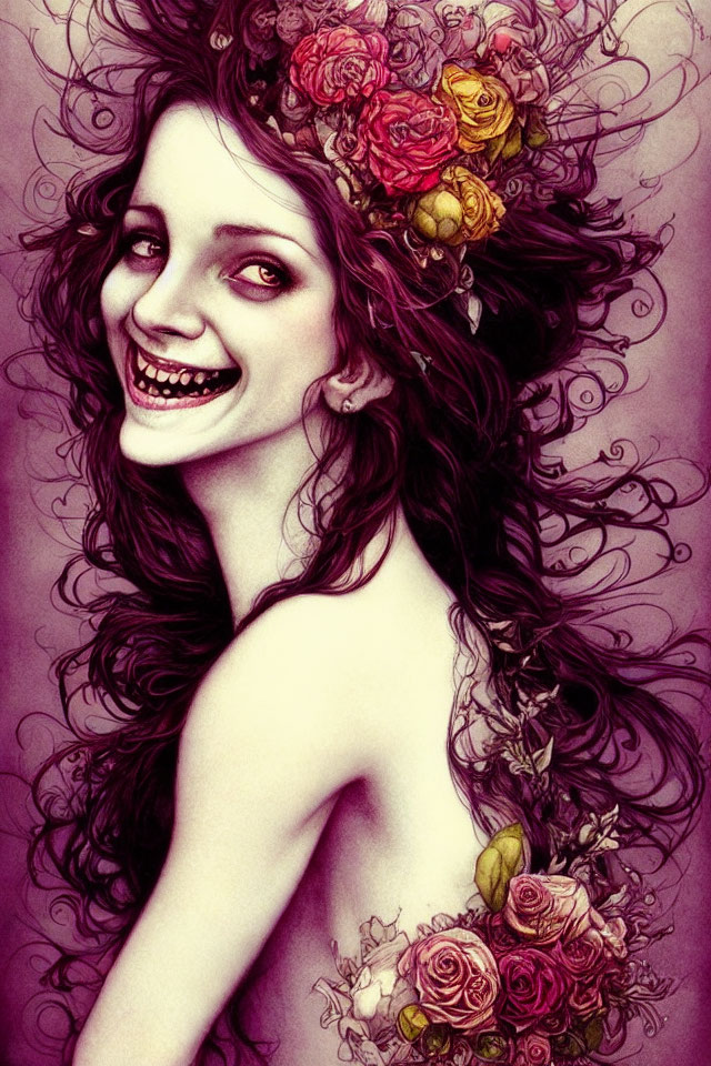 Smiling woman with floral hair and shoulder arrangement