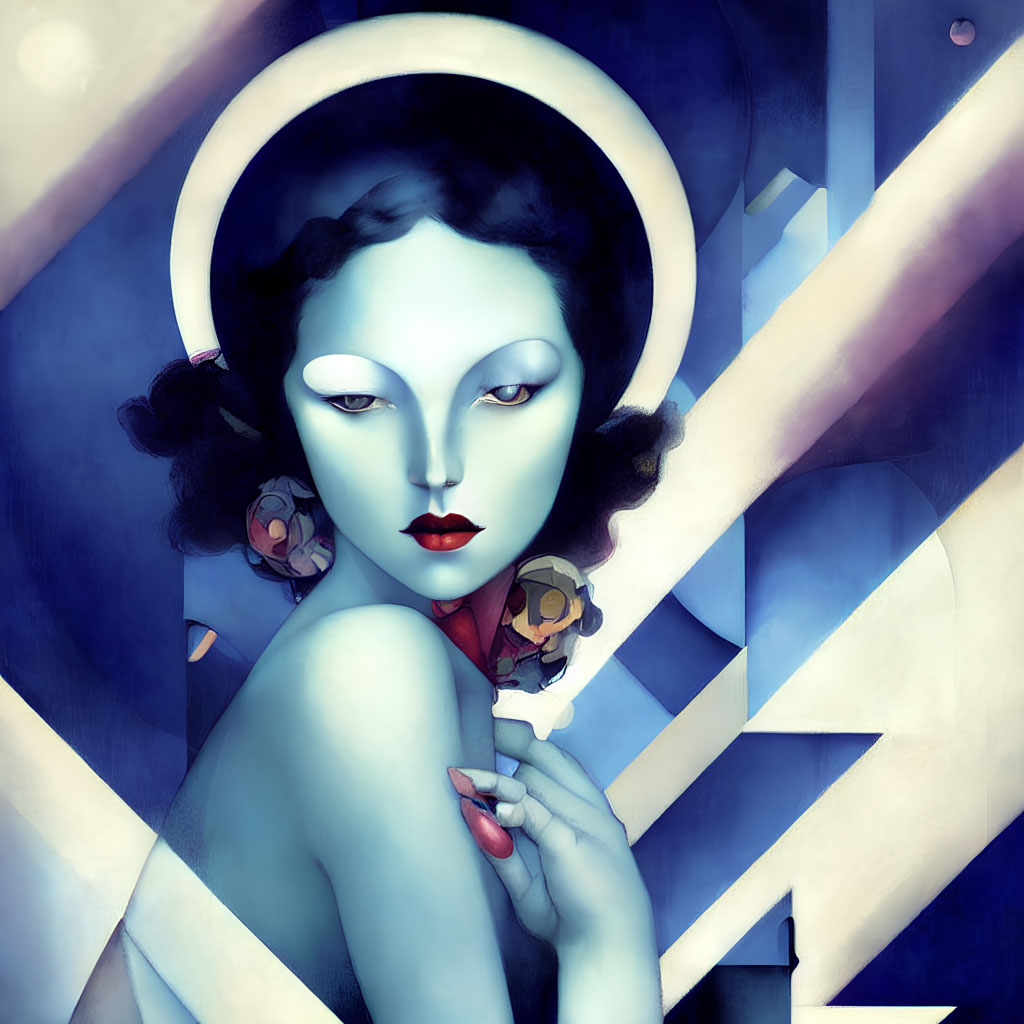 Woman with Pale Blue Skin and Geometric Shapes in Illustration