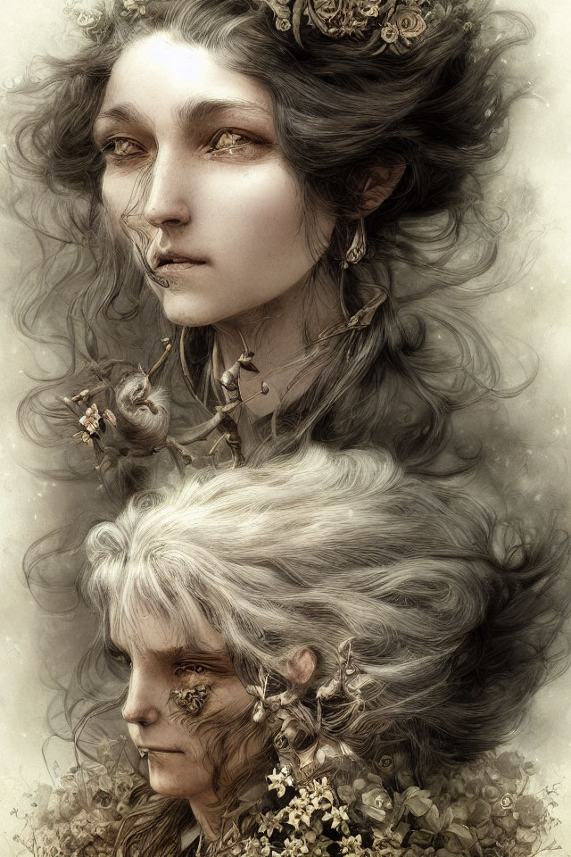 Ethereal fantasy portraits of a woman and a male figure adorned with floral accents