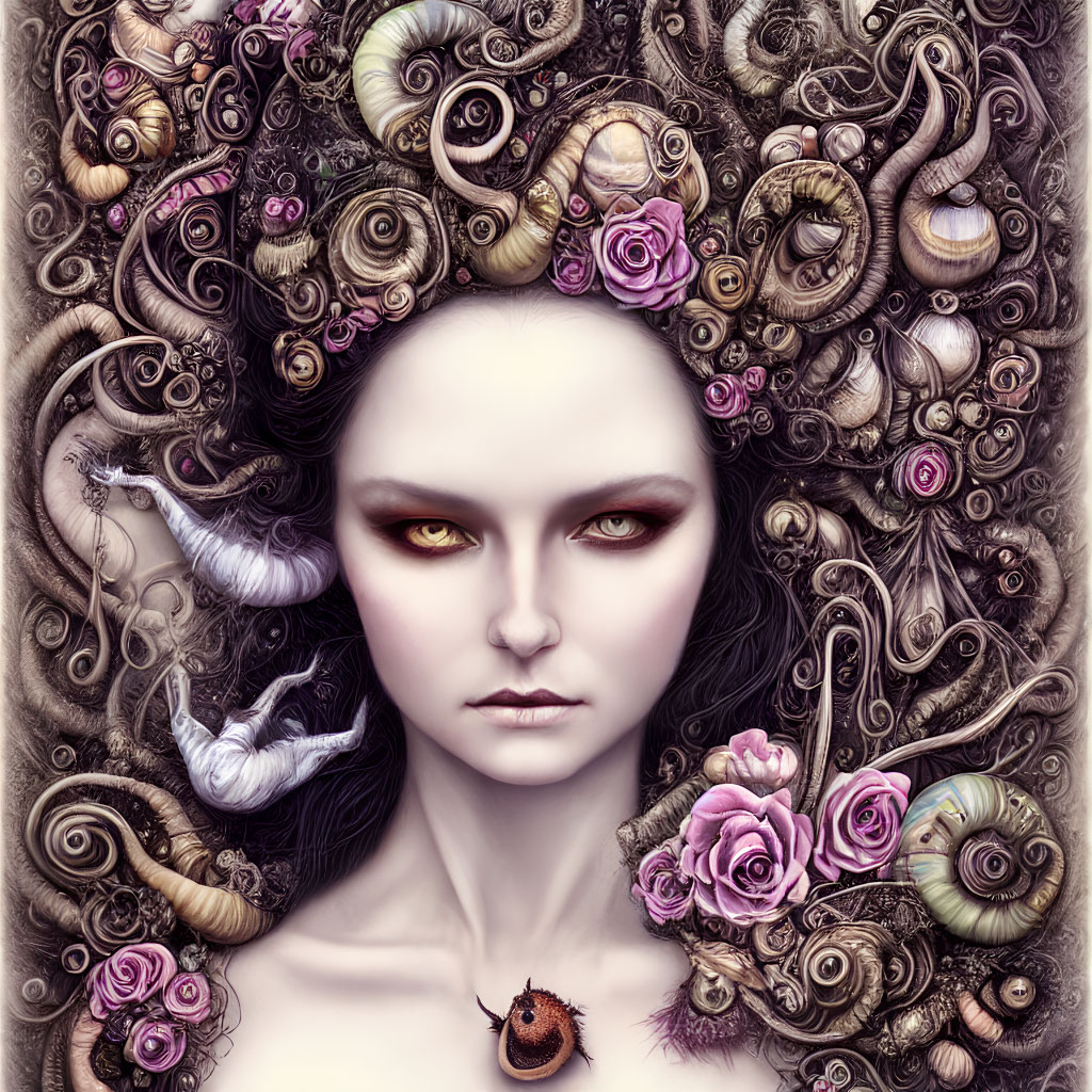 Detailed artwork of woman with pale skin, dark hair, yellow eyes, surrounded by serpents,