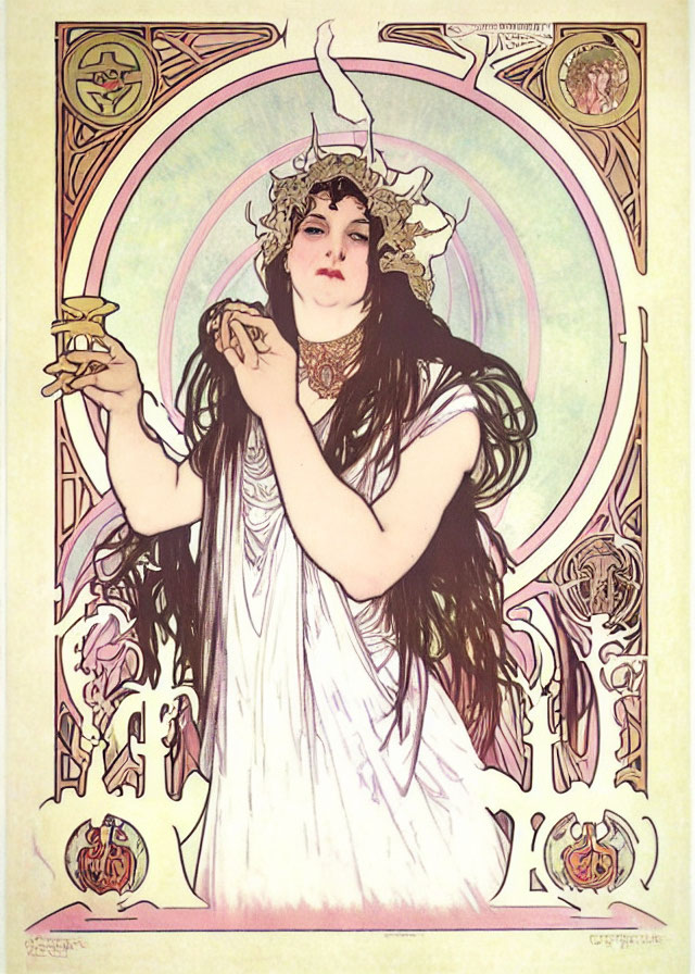 Art Nouveau style illustration of woman with flowing hair and candlelit hands.