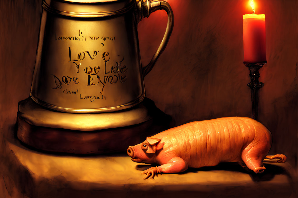 Sleepy piglet under lit candle and inscribed stein.