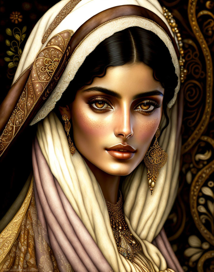 Portrait of woman with striking eyes in gold jewelry and elegant headscarf on dark background