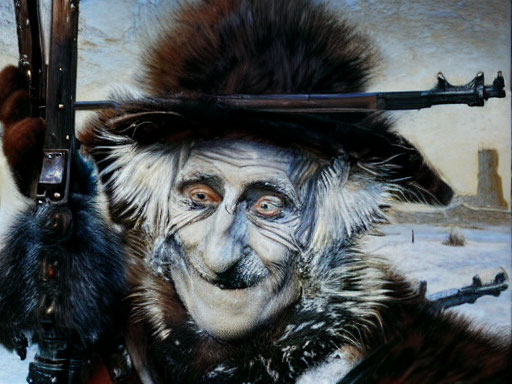 Traditional fur hat and coat wearer with face paint holding a rifle in snowy setting