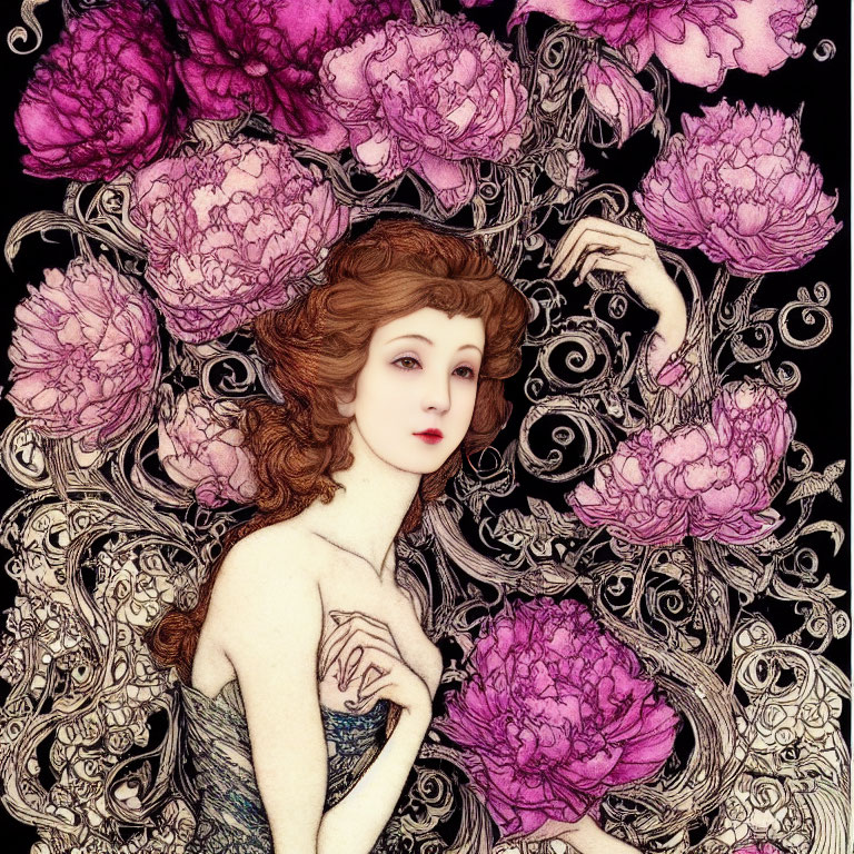 Art Nouveau style illustration of woman with flowing hair and pink peonies